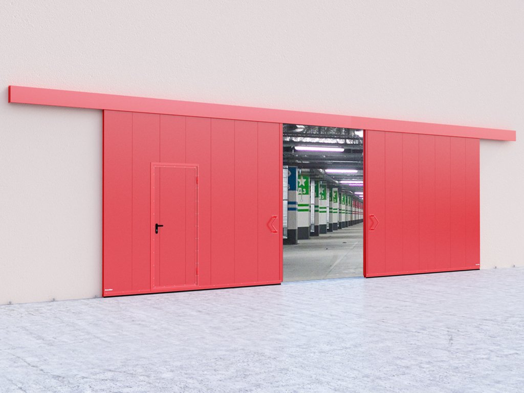 Сдвижные двустворчатые противопожарные ворота, устанавливаются в промышленных и складских помещениях, в паркингах, жилищных и торговых комплексах.